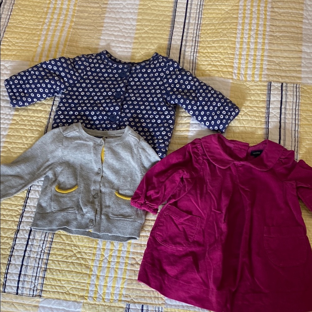 Girls Baby Gap dark pink dress, gray sweater, navy quilted cover. 3-6 months.